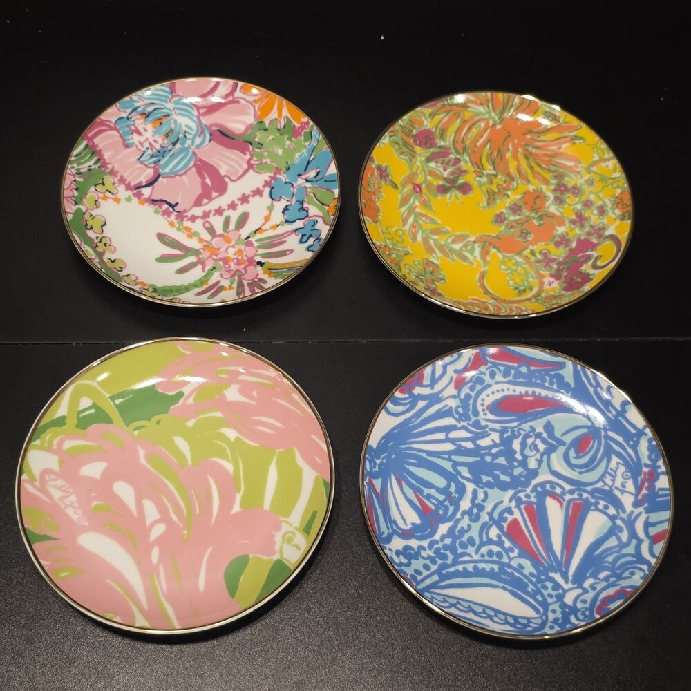 Lilly Pulitzer For Target 7" Porcelain Appetizer Plates Set 4 Gold Rim
